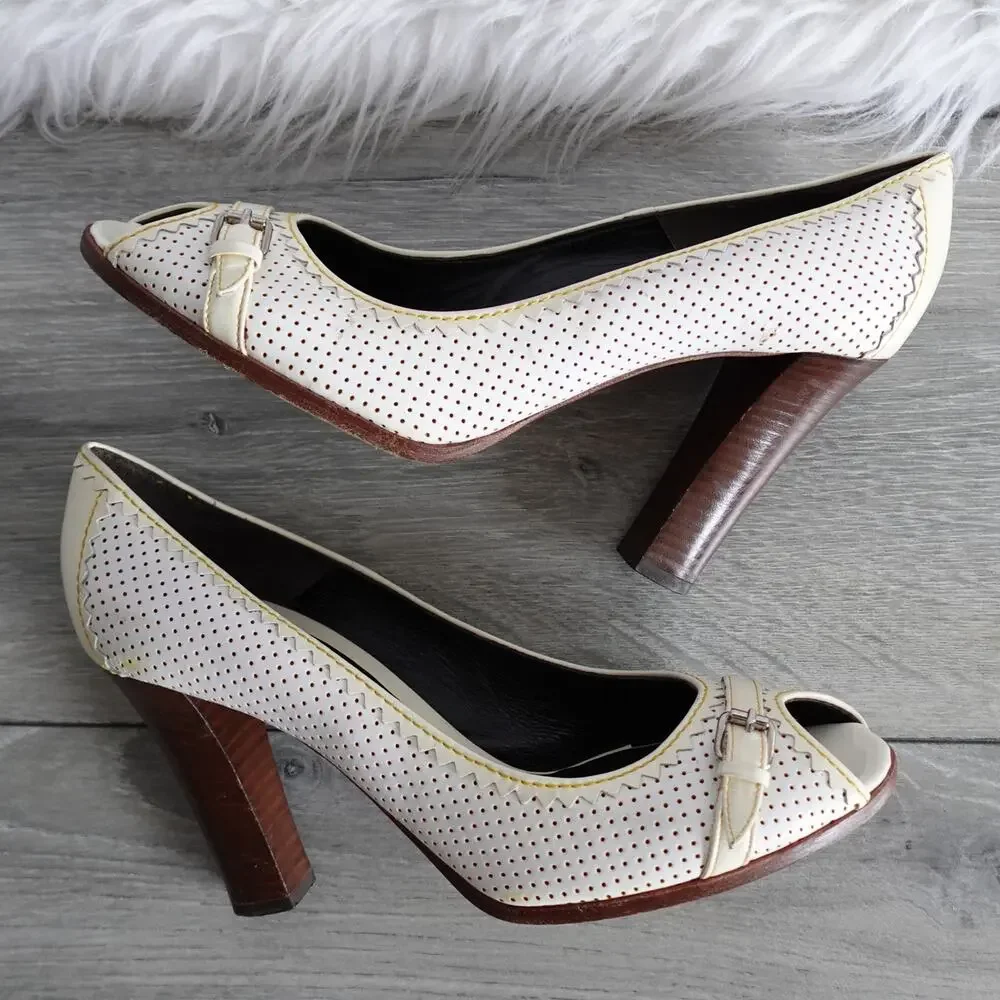 Fendi White and Cream Patent Leather Peep-Toe Heels